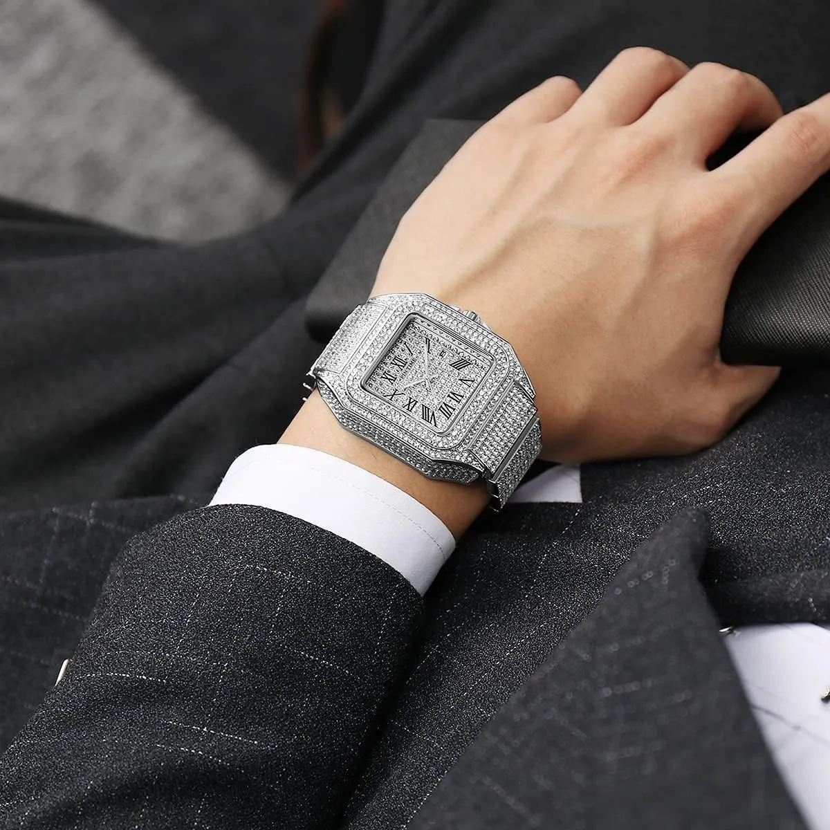 Gosasa Fashion Hip Hop Men's Crystal Watch Bling Bling Watch Rectangle Case Stainless Steel Quartz Analog Bracelet Wristwatch