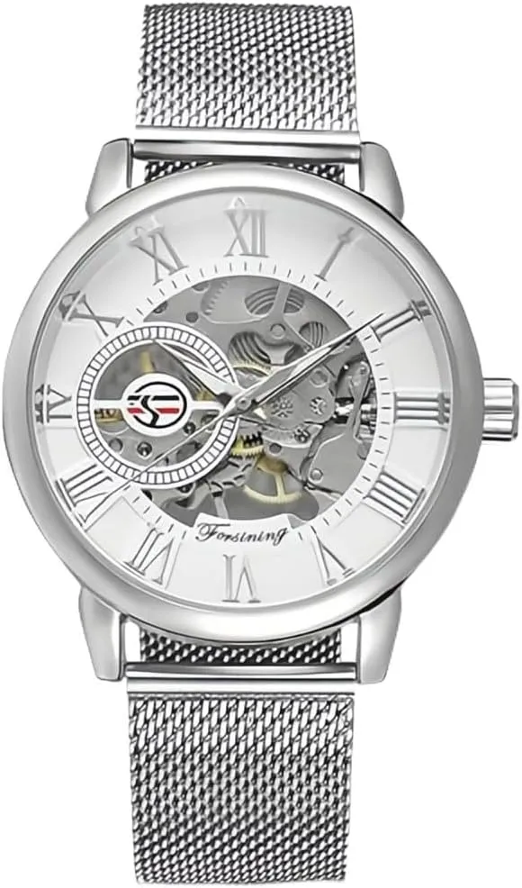 Gosasa Unique Mens Automatic Watch Transparent Watch Dial Hollow Skeleton Silver Tone Mesh Band Watch  B07CZNYMLY
