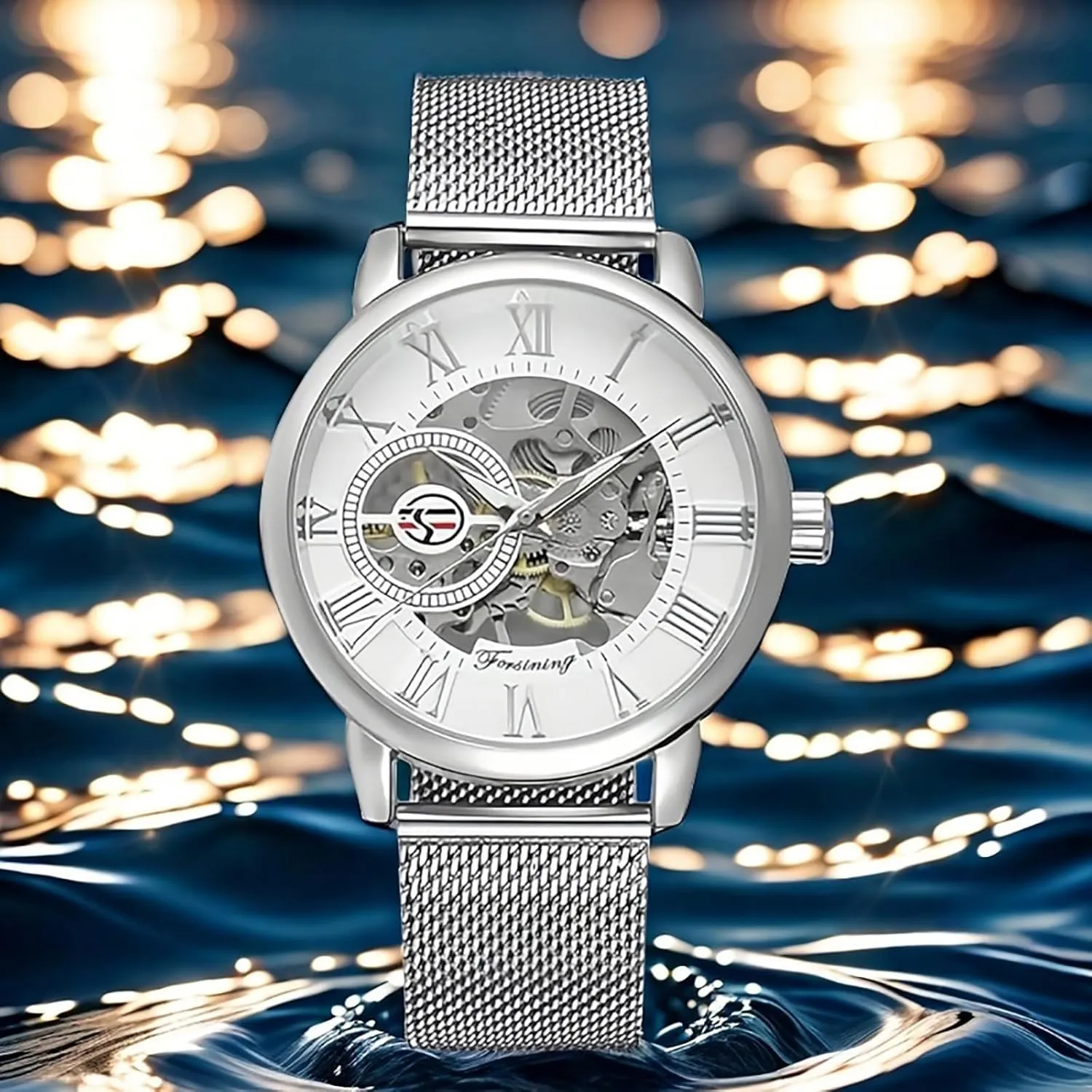 Gosasa Unique Mens Automatic Watch Transparent Watch Dial Hollow Skeleton Silver Tone Mesh Band Watch  B07CZNYMLY