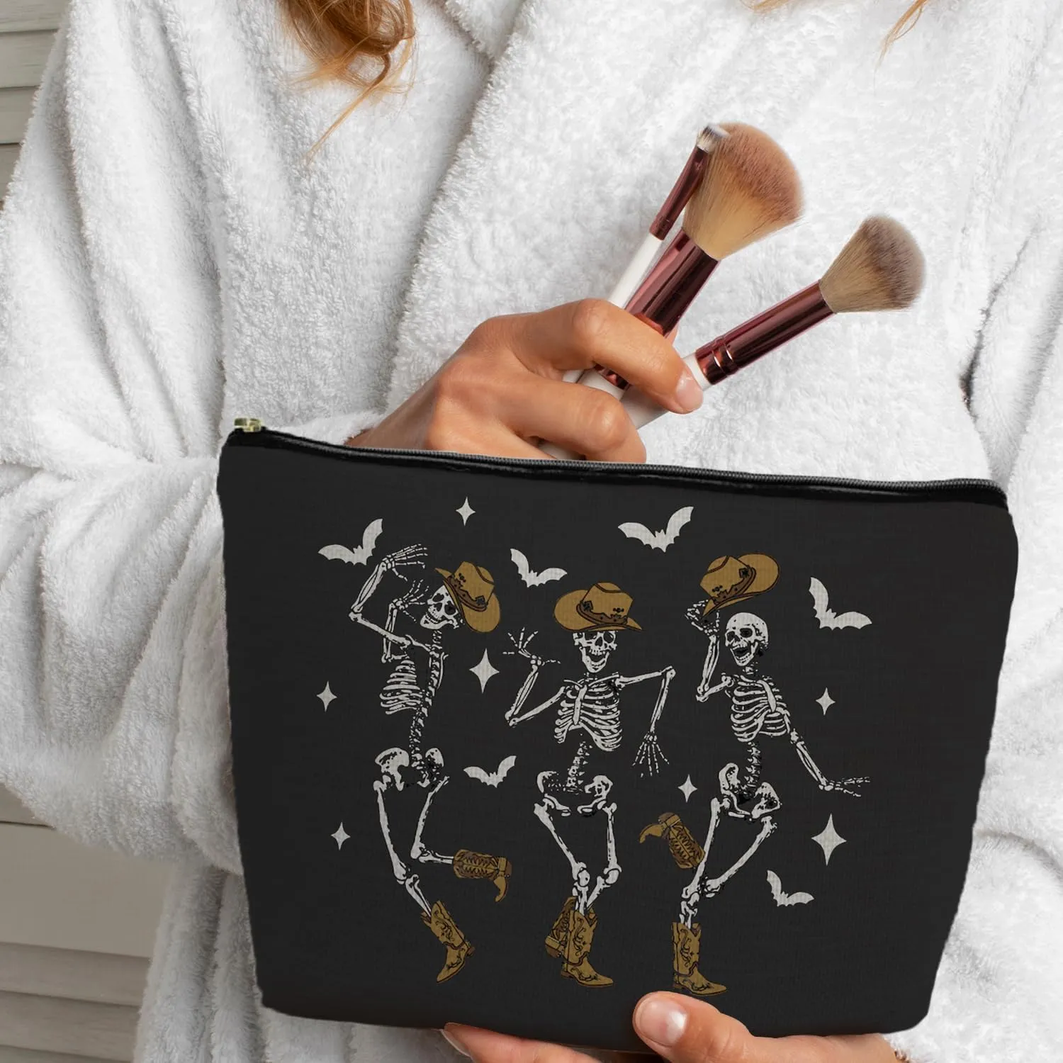 Goth Skull Cosmetic Bag - Dancing Skeleton Design, Perfect for Halloween, Dark Academia, or Everyday Use
