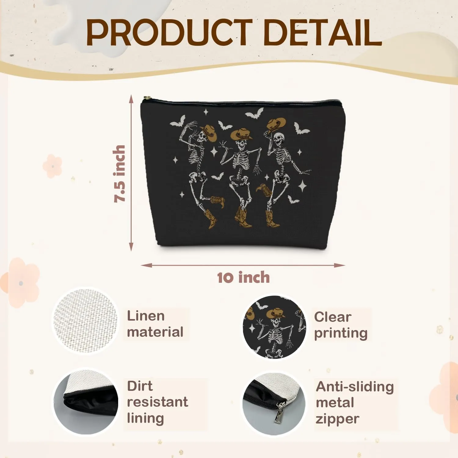 Goth Skull Cosmetic Bag - Dancing Skeleton Design, Perfect for Halloween, Dark Academia, or Everyday Use