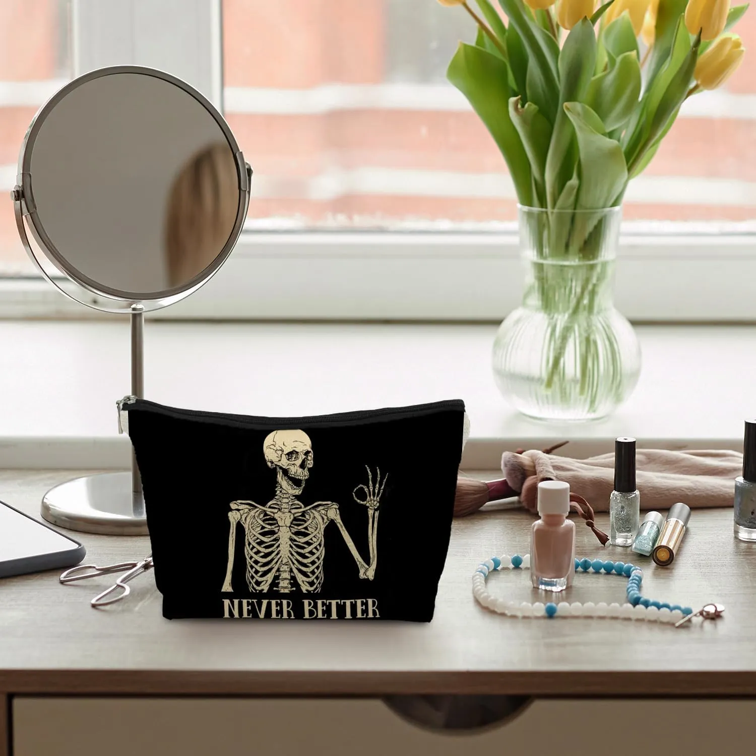 Goth Skull Makeup Bag, Funny Okay Skeleton Cosmetic Bag for Women, Halloween Makeup Bag, Halloween Gifts for Women, Dark Academia Makeup Pouch, Cool Makeup Bag, Horror Makeup Bag, white