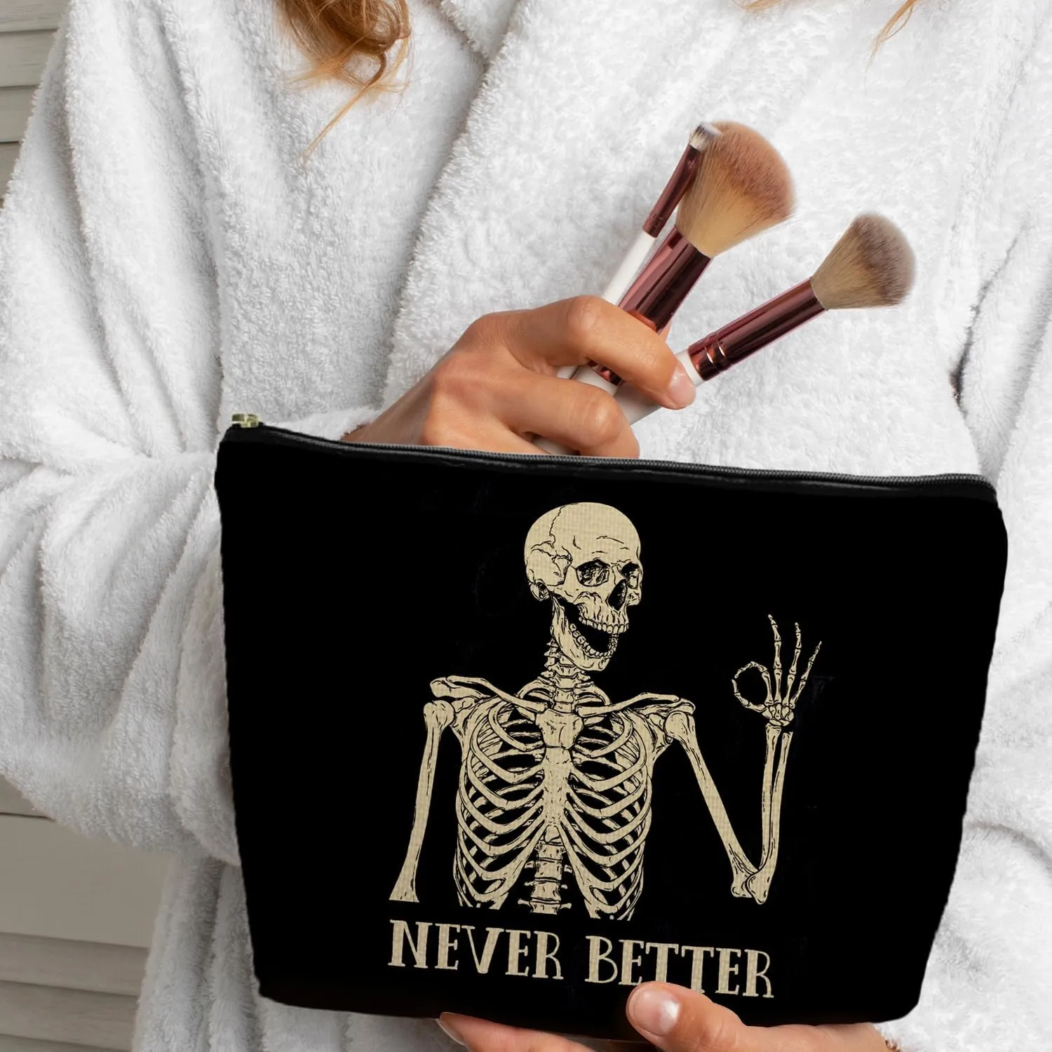 Goth Skull Makeup Bag, Funny Okay Skeleton Cosmetic Bag for Women, Halloween Makeup Bag, Halloween Gifts for Women, Dark Academia Makeup Pouch, Cool Makeup Bag, Horror Makeup Bag, white