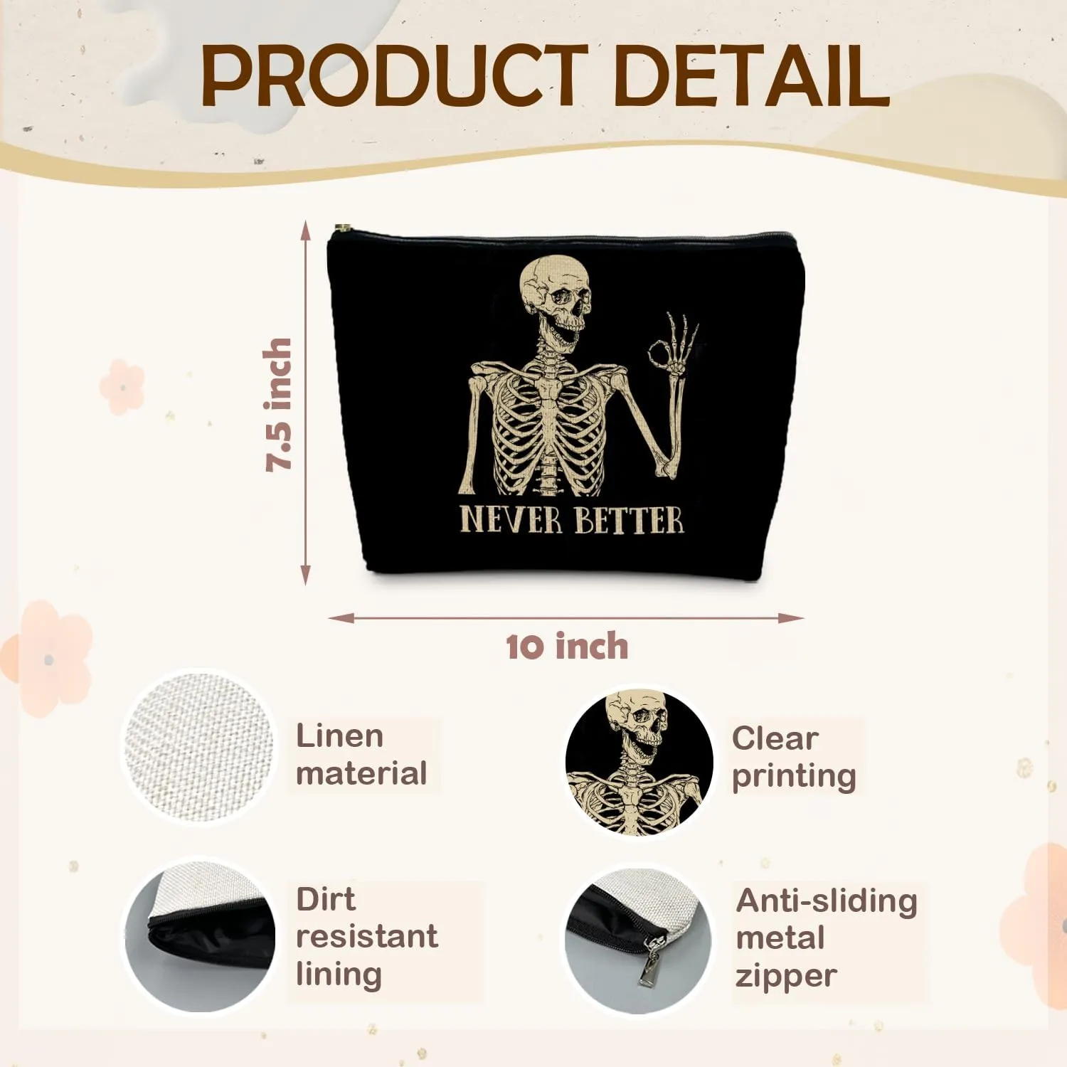 Goth Skull Makeup Bag, Funny Okay Skeleton Cosmetic Bag for Women, Halloween Makeup Bag, Halloween Gifts for Women, Dark Academia Makeup Pouch, Cool Makeup Bag, Horror Makeup Bag, white