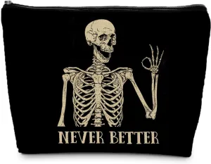 Goth Skull Makeup Bag, Funny Okay Skeleton Cosmetic Bag for Women, Halloween Makeup Bag, Halloween Gifts for Women, Dark Academia Makeup Pouch, Cool Makeup Bag, Horror Makeup Bag, white