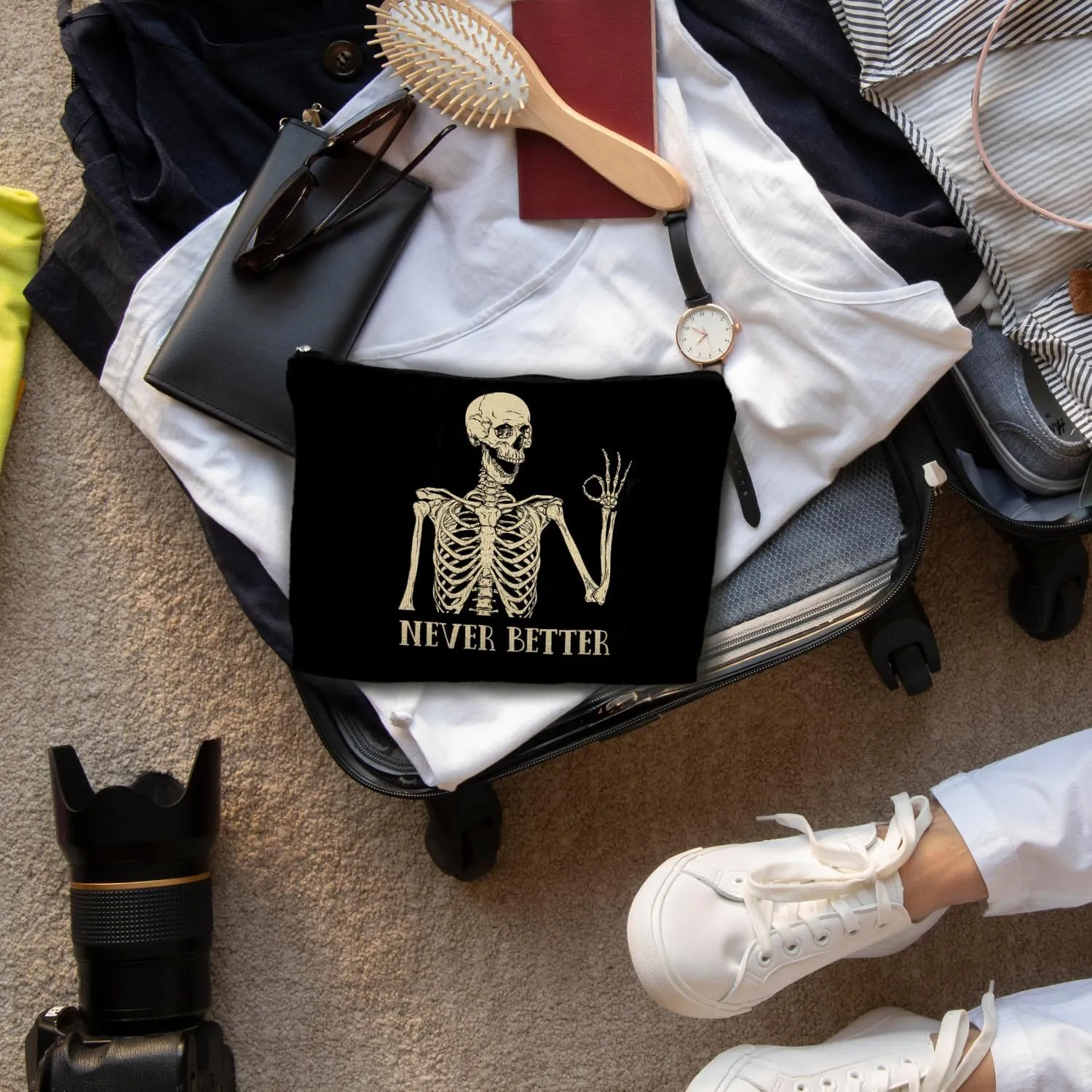 Goth Skull Makeup Bag, Funny Okay Skeleton Cosmetic Bag for Women, Halloween Makeup Bag, Halloween Gifts for Women, Dark Academia Makeup Pouch, Cool Makeup Bag, Horror Makeup Bag, white