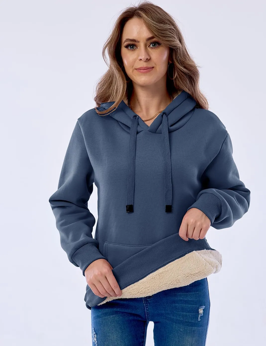 Haellun Womens Casual Winter Warm Fleece Sherpa Lined Pullover Hooded Sweatshirt