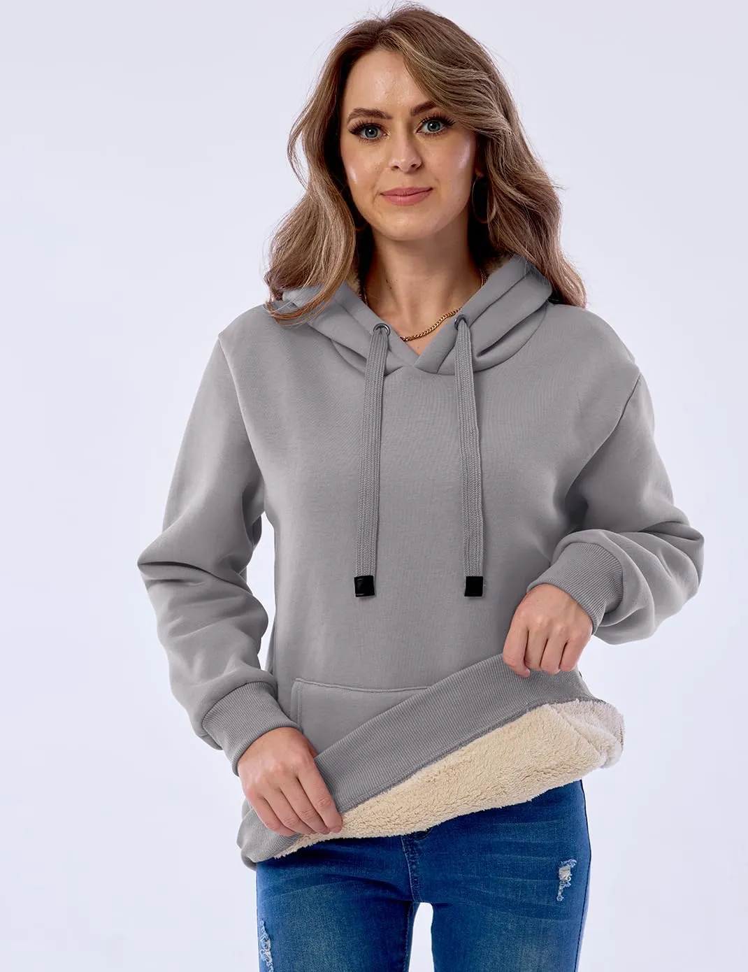 Haellun Womens Casual Winter Warm Fleece Sherpa Lined Pullover Hooded Sweatshirt
