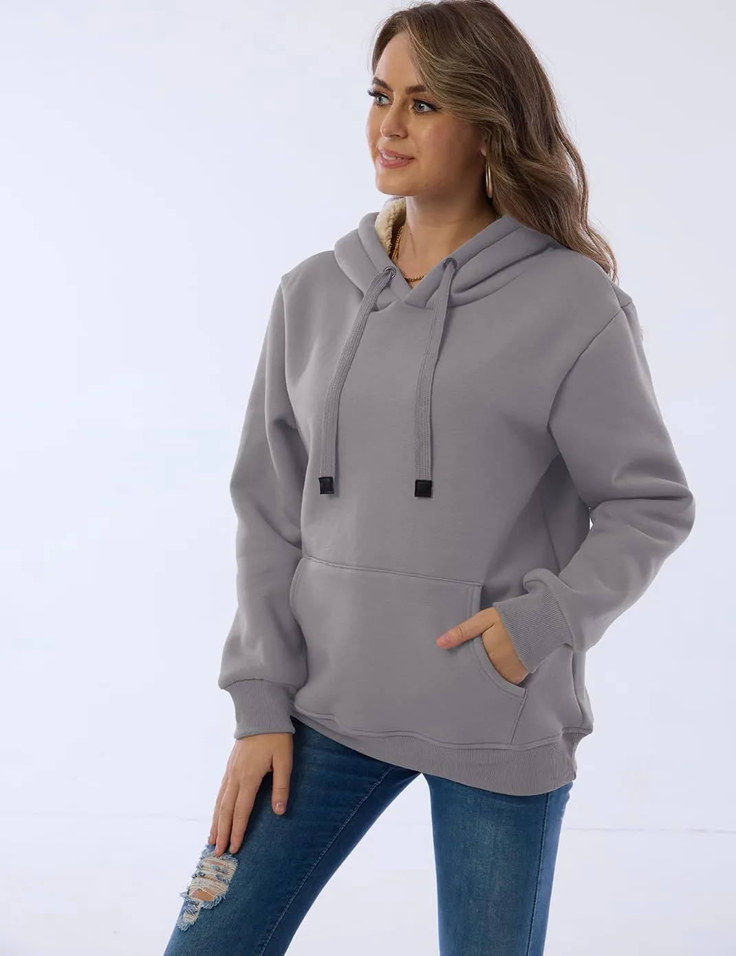 Haellun Womens Casual Winter Warm Fleece Sherpa Lined Pullover Hooded Sweatshirt