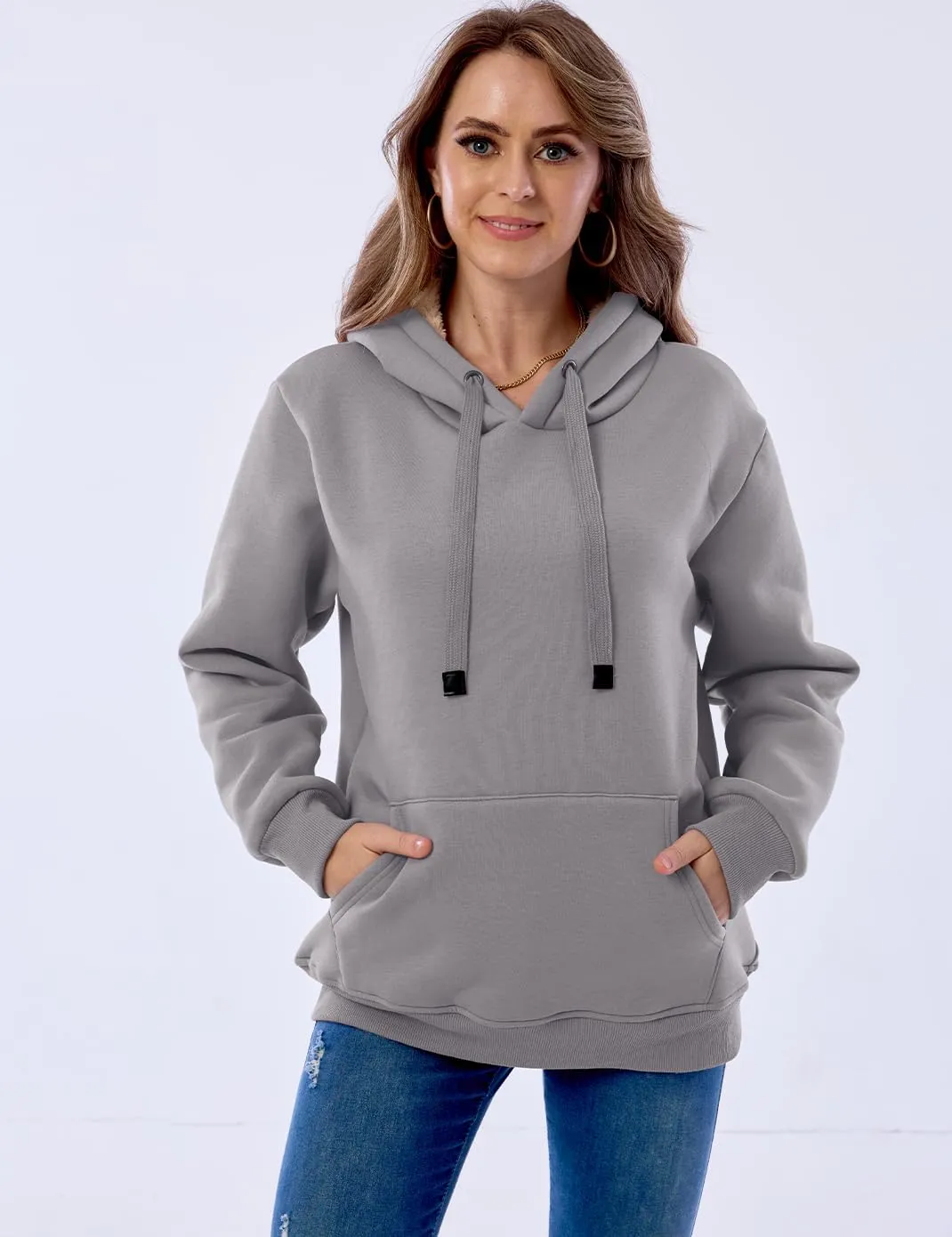 Haellun Womens Casual Winter Warm Fleece Sherpa Lined Pullover Hooded Sweatshirt