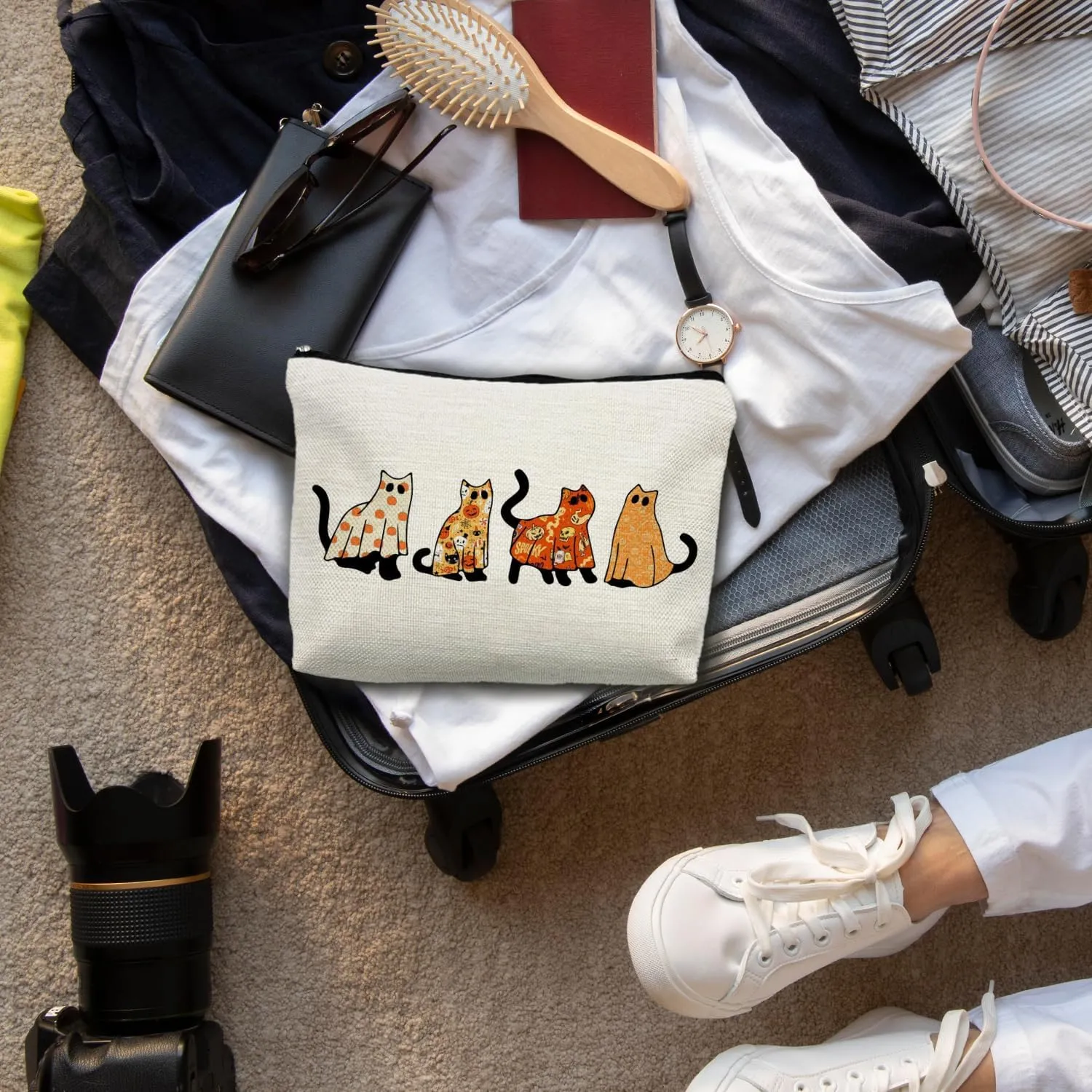 Halloween Ghost Cats Makeup Bag, Black Cat Halloween Cosmetic Bag for Women, Cat Lover Gifts, Halloween Gifts for Women, Womens Makeup Bag, Horror Makeup Bag, Makeup Pouch for Women, white