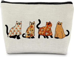 Halloween Ghost Cats Makeup Bag, Black Cat Halloween Cosmetic Bag for Women, Cat Lover Gifts, Halloween Gifts for Women, Womens Makeup Bag, Horror Makeup Bag, Makeup Pouch for Women, white
