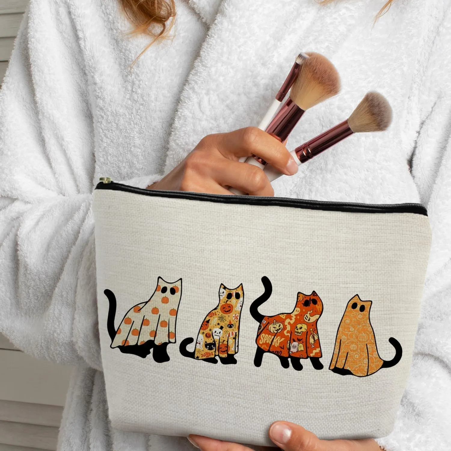 Halloween Ghost Cats Makeup Bag, Black Cat Halloween Cosmetic Bag for Women, Cat Lover Gifts, Halloween Gifts for Women, Womens Makeup Bag, Horror Makeup Bag, Makeup Pouch for Women, white