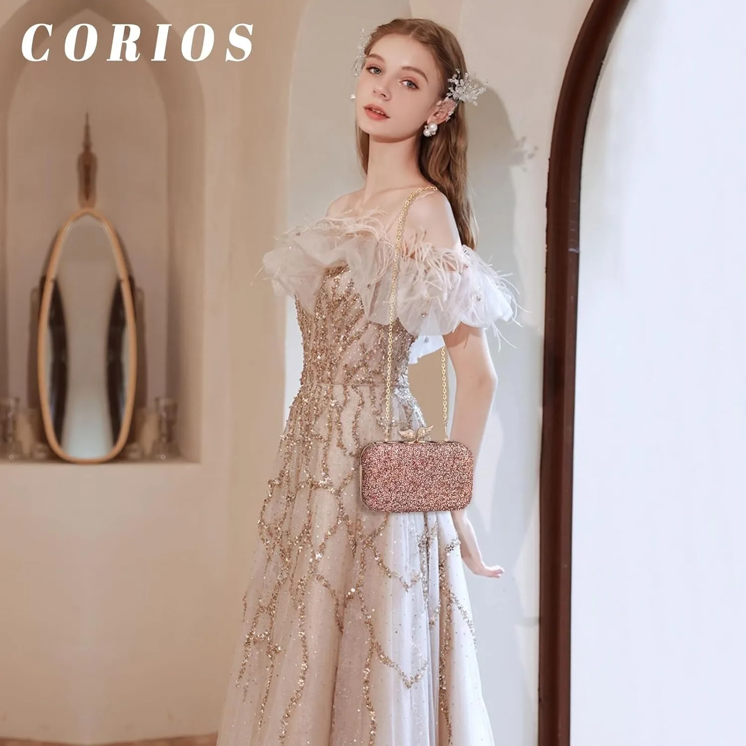 Handbag Bridal Wedding Purse Shoulder with Detachable Chain Elegant Pearl Evening for Women Sequin Clutch Beaded