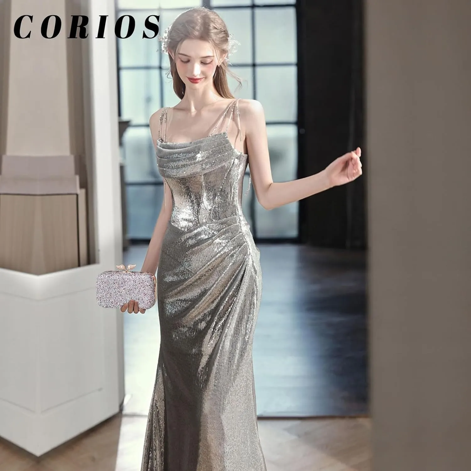 Handbag Bridal Wedding Purse Shoulder with Detachable Chain Elegant Pearl Evening for Women Sequin Clutch Beaded