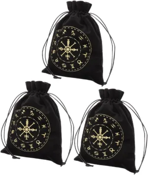 Happyyami 3Pcs Black Flannel Drawstring Storage Bucket Bag Elegant Tarot Card Holder for Symbol Accessories Portable and Lightweight Pouch for Travel and Organization