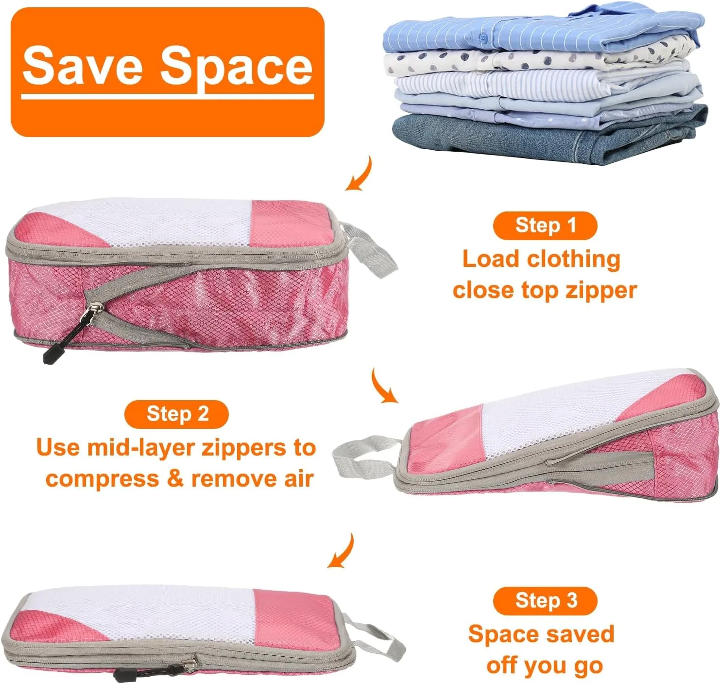 HARFINGTON 3pcs Compression Packing Cube for Suitcases Lightweight Luggage Organizers Bag Travel Essentials Compression Bags for Carry on Suitcases, Pink