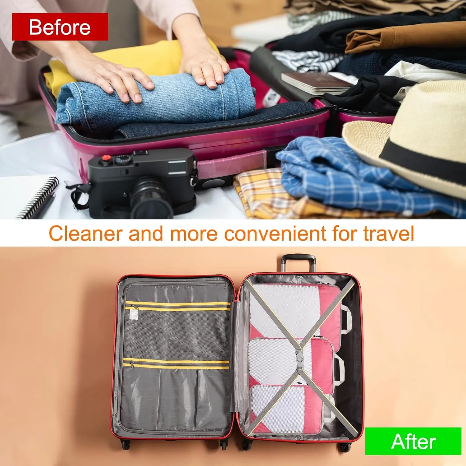 HARFINGTON 3pcs Compression Packing Cube for Suitcases Lightweight Luggage Organizers Bag Travel Essentials Compression Bags for Carry on Suitcases, Pink