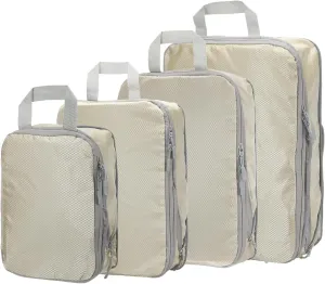 HARFINGTON 4pcs Compression Packing Cube for Suitcases Lightweight Luggage Organizers Bag Expandable Storage Travel Essentials Compression Bags for Carry on Suitcases, Beige