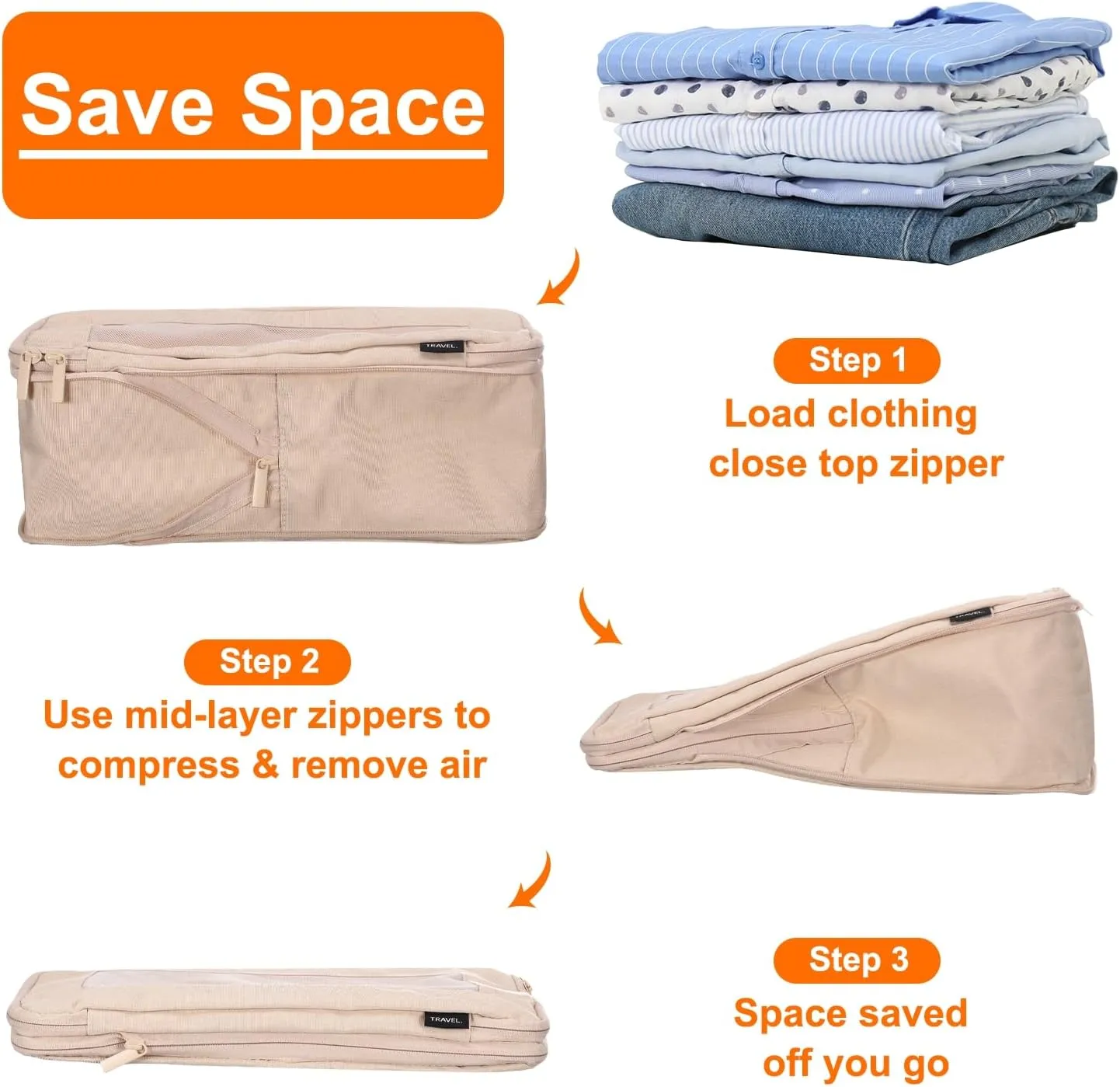 HARFINGTON Compression Packing Cube for Suitcases 26x23x13cm Lightweight Luggage Organizers Bag Travel Essentials Compression Bags for Carry on Suitcases, Beige