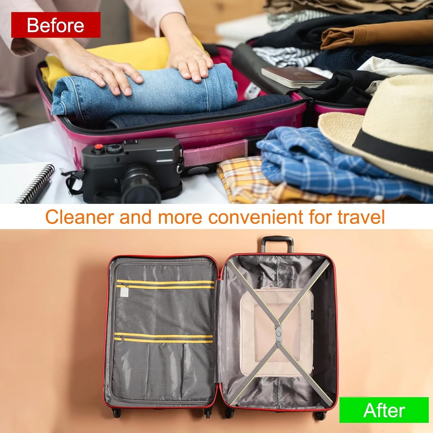 HARFINGTON Compression Packing Cube for Suitcases 26x23x13cm Lightweight Luggage Organizers Bag Travel Essentials Compression Bags for Carry on Suitcases, Beige