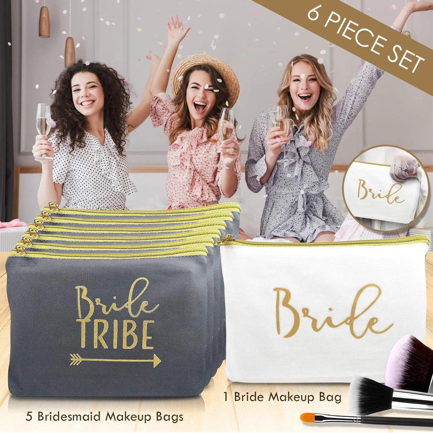 Heather & Willow 6 Piece Set | Navy Blue Bride Tribe Canvas Cosmetic Makeup Clutch Gifts Bag for Bridesmaid Proposal Box & Bridesmaids Bachelorette Party Favors