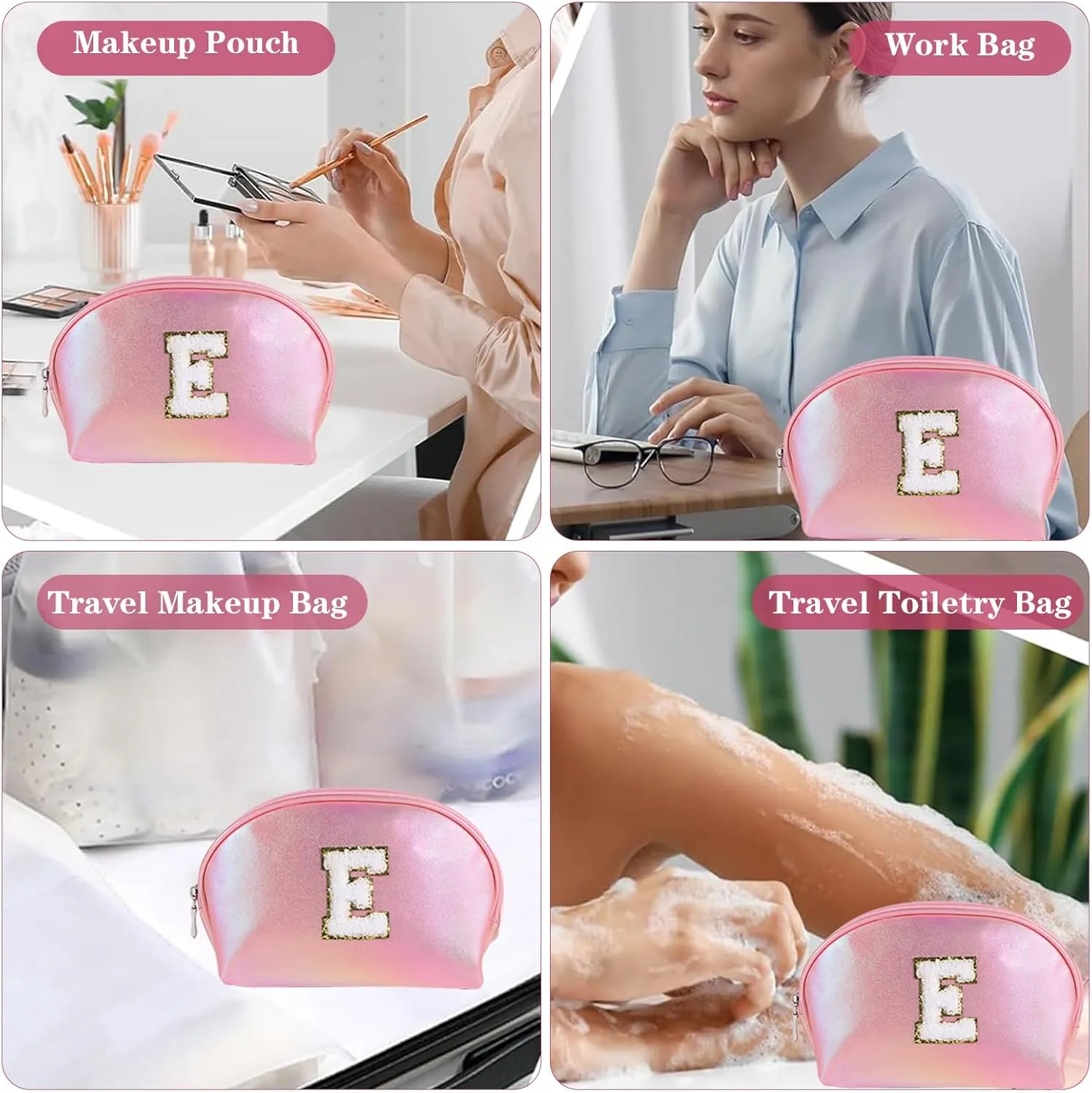 Initial Makeup Bag Toiletry Bags for Women Small Make up Pouch Bag Waterproof Cosmetic Bags Birthday Gifts Personalized Pink Travel EssentialsLetter E