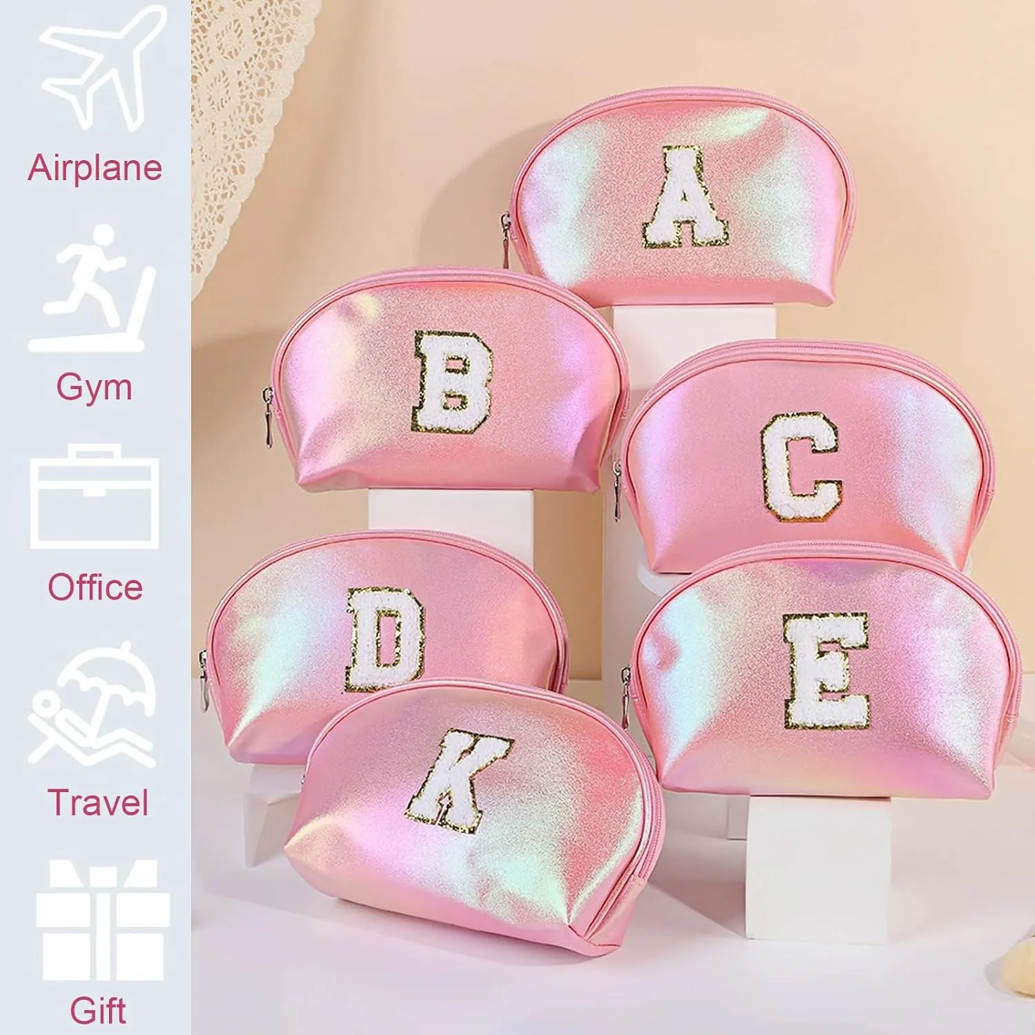 Initial Makeup Bag Toiletry Bags for Women Small Make up Pouch Bag Waterproof Cosmetic Bags Birthday Gifts Personalized Pink Travel EssentialsLetter E