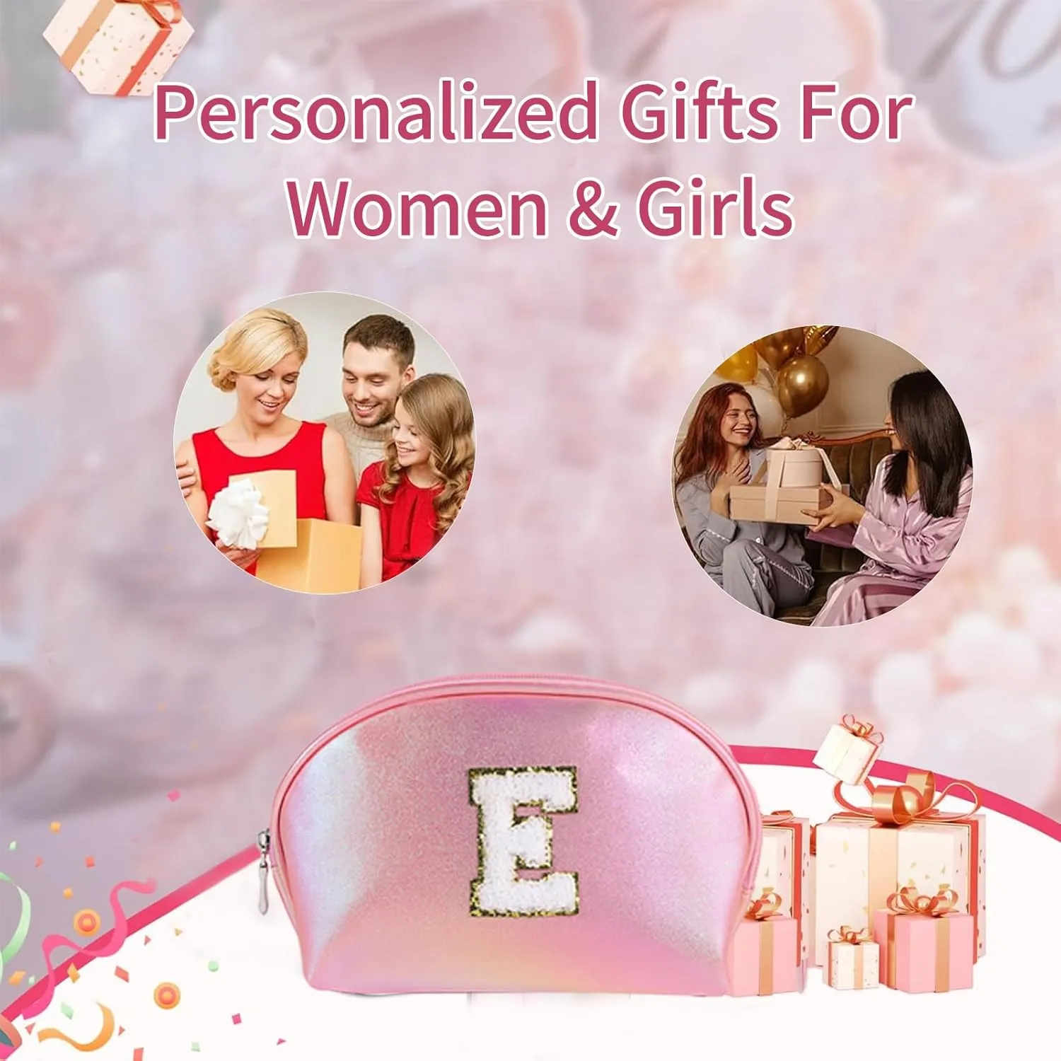 Initial Makeup Bag Toiletry Bags for Women Small Make up Pouch Bag Waterproof Cosmetic Bags Birthday Gifts Personalized Pink Travel EssentialsLetter E