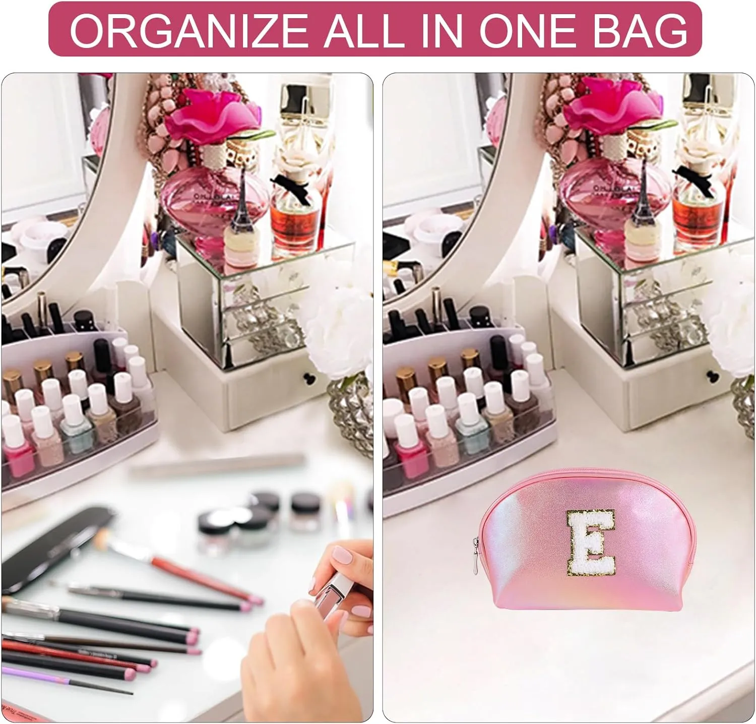 Initial Makeup Bag Toiletry Bags for Women Small Make up Pouch Bag Waterproof Cosmetic Bags Birthday Gifts Personalized Pink Travel EssentialsLetter E