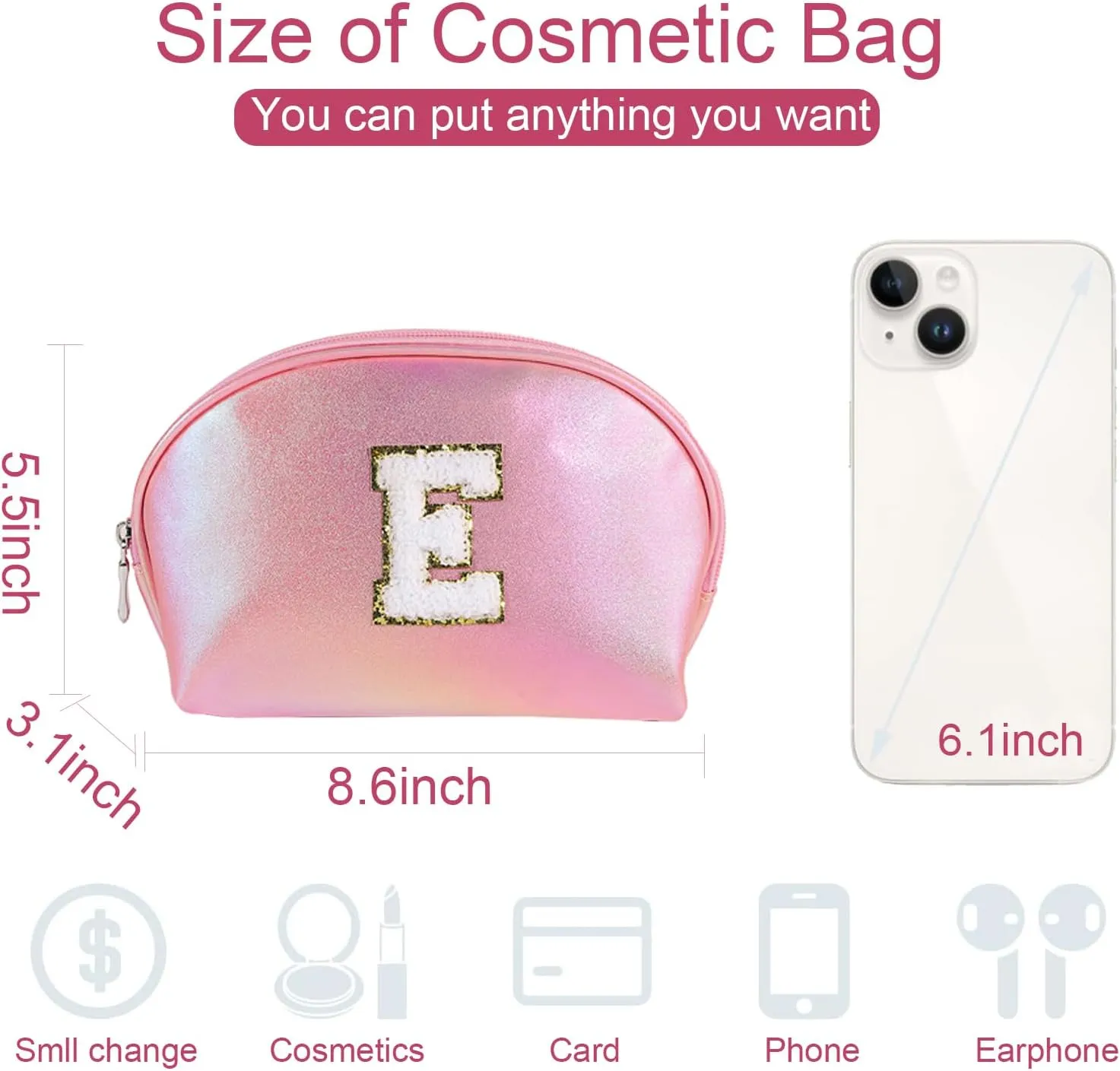 Initial Makeup Bag Toiletry Bags for Women Small Make up Pouch Bag Waterproof Cosmetic Bags Birthday Gifts Personalized Pink Travel EssentialsLetter E
