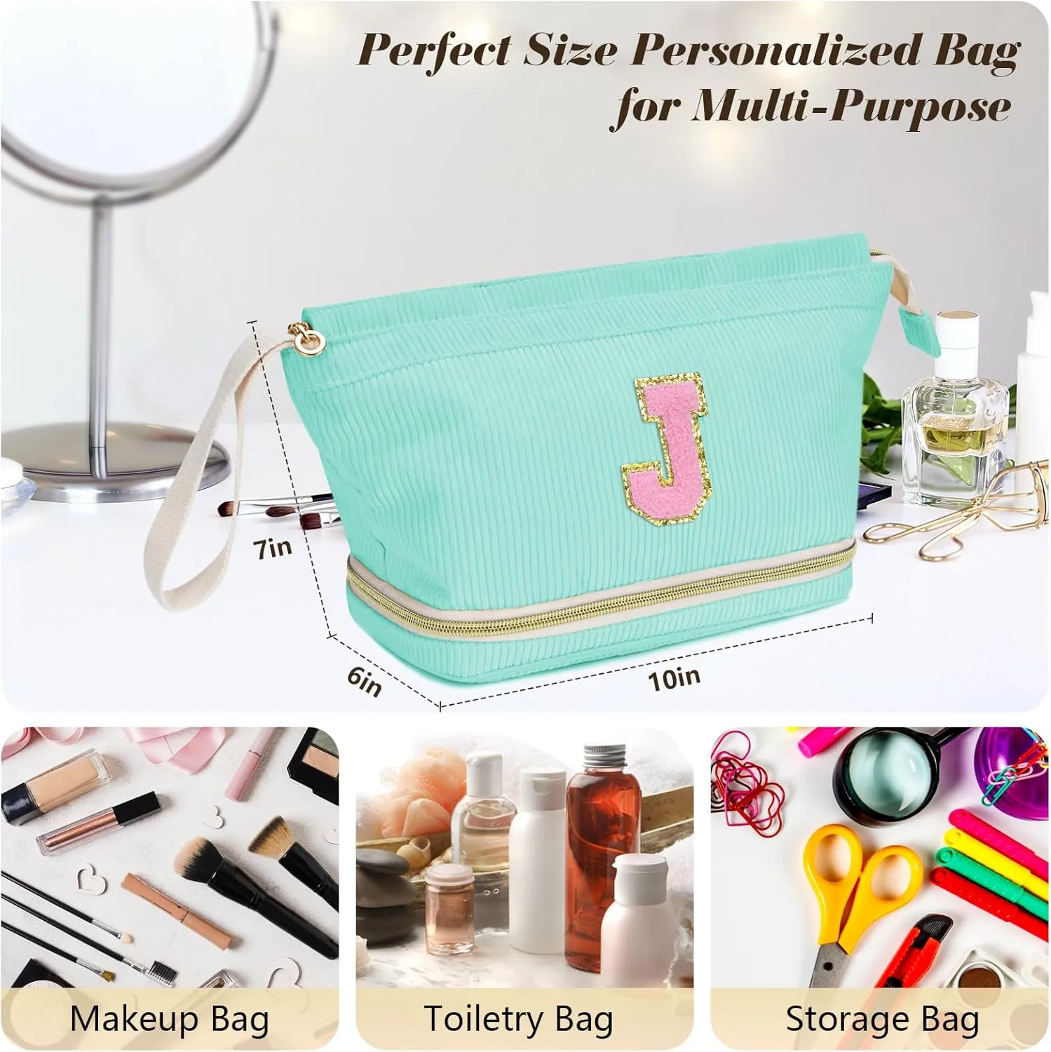 Initial Travel Makeup Bag for Women, Personalized Gift Large Double Layer Make Up Gift Cute Cosmetic Bag for Girl Makeup Pouch Wide-open Roomy Makeup Travel Bags Birthday Gifts for Her Green - R