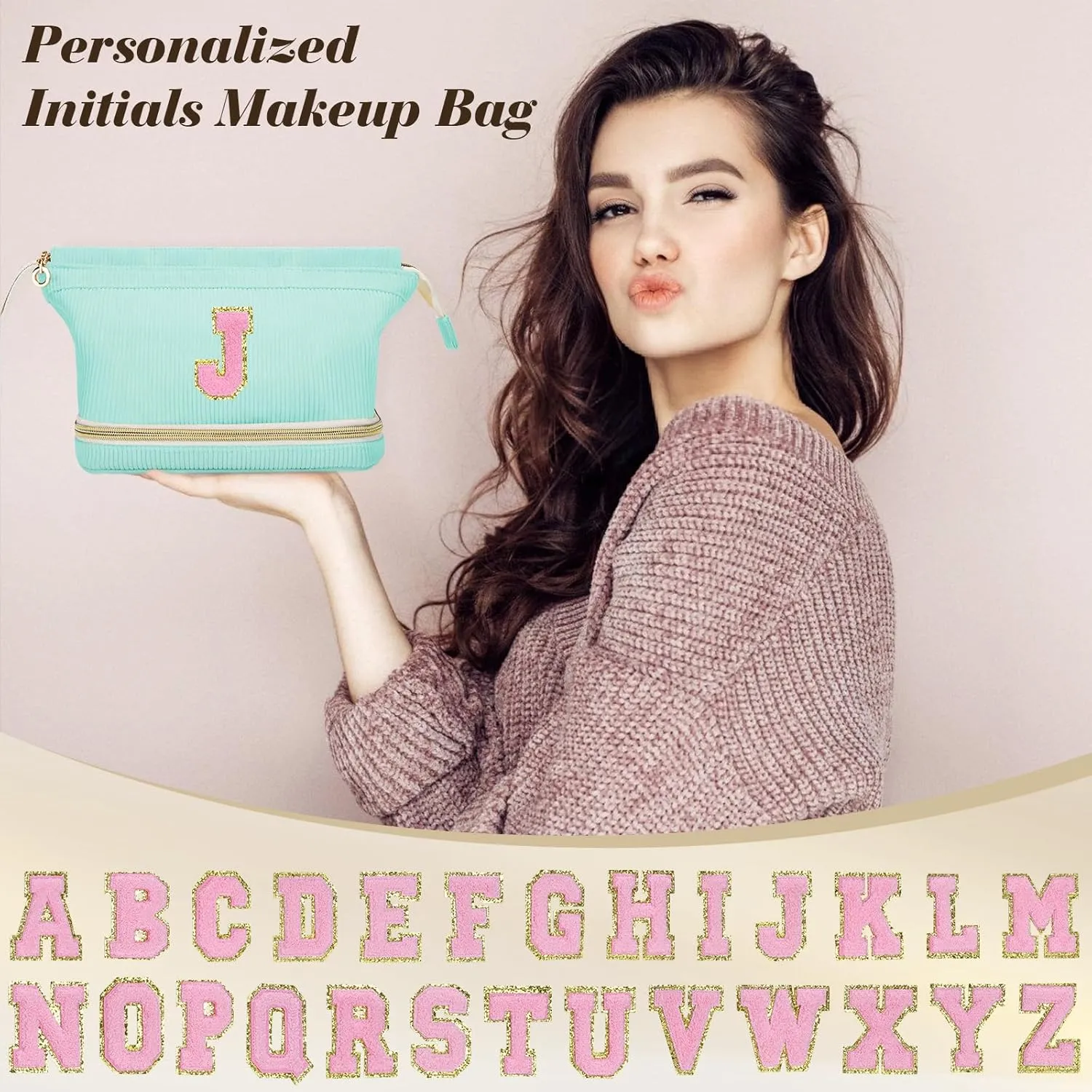 Initial Travel Makeup Bag for Women, Personalized Gift Large Double Layer Make Up Gift Cute Cosmetic Bag for Girl Makeup Pouch Wide-open Roomy Makeup Travel Bags Birthday Gifts for Her Green - R
