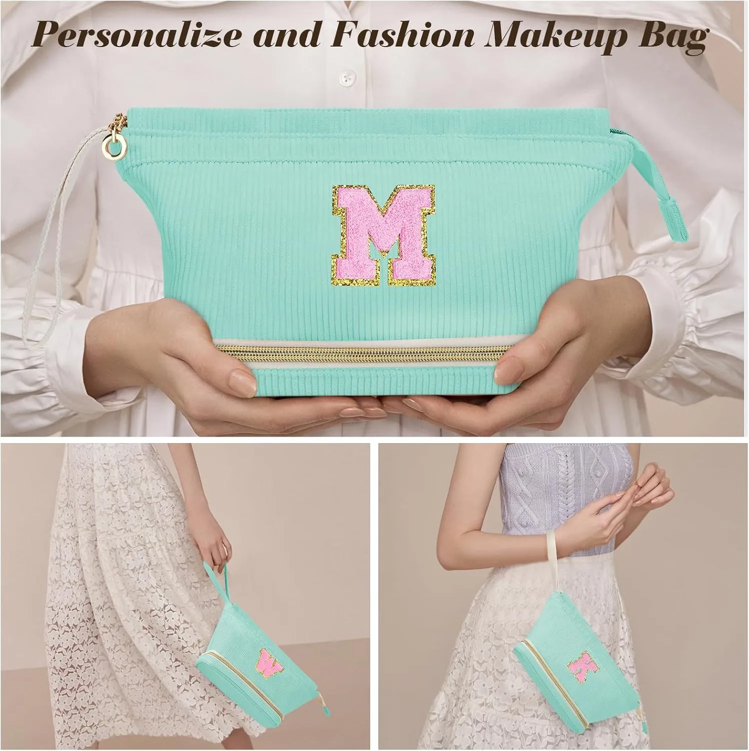 Initial Travel Makeup Bag for Women, Personalized Gift Large Double Layer Make Up Gift Cute Cosmetic Bag for Girl Makeup Pouch Wide-open Roomy Makeup Travel Bags Birthday Gifts for Her Green - R