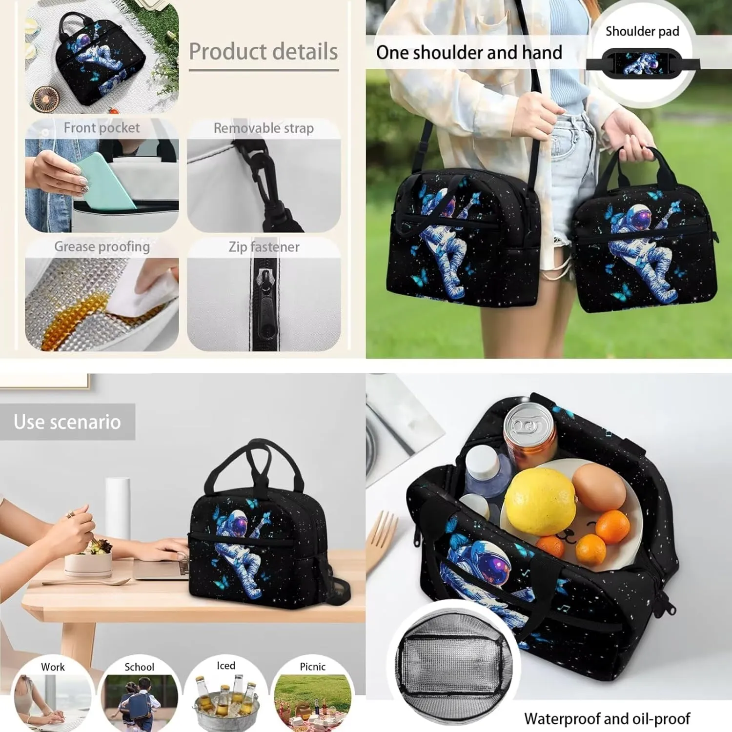JHQFWMFJ Astronaut Butterflies Print Backpack for School with Lunchbox and Pencil Case for Boys Insulated Lunch Box Lightweight Backpack for School Travel