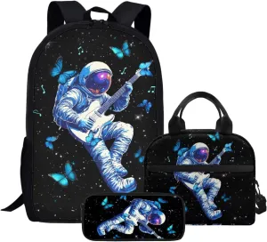 JHQFWMFJ Astronaut Butterflies Print Backpack for School with Lunchbox and Pencil Case for Boys Insulated Lunch Box Lightweight Backpack for School Travel