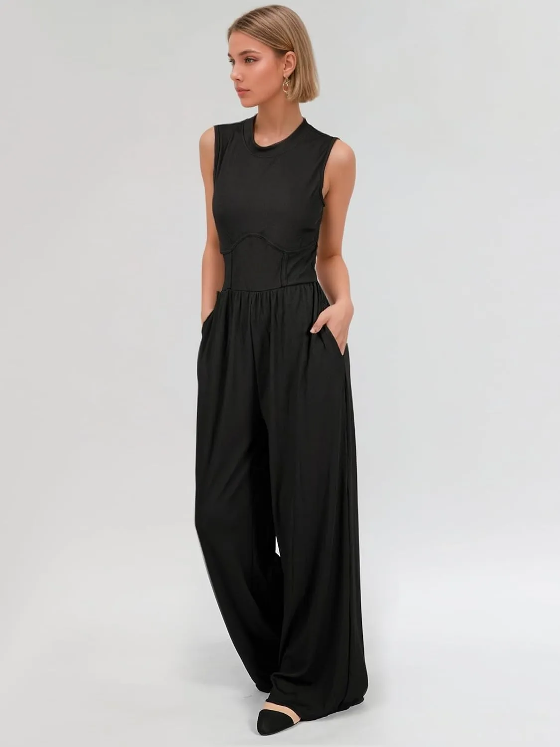 Jumpsuits for Women Dressy, One Piece Jumpsuits for Women with Mock Neck, Sleeveless Design, Wide Leg, and Convenient Pockets