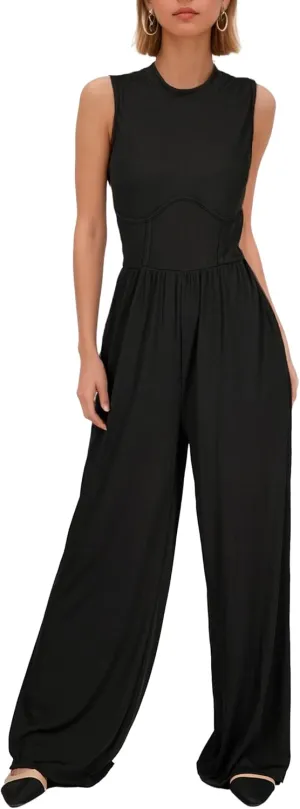Jumpsuits for Women Dressy, One Piece Jumpsuits for Women with Mock Neck, Sleeveless Design, Wide Leg, and Convenient Pockets