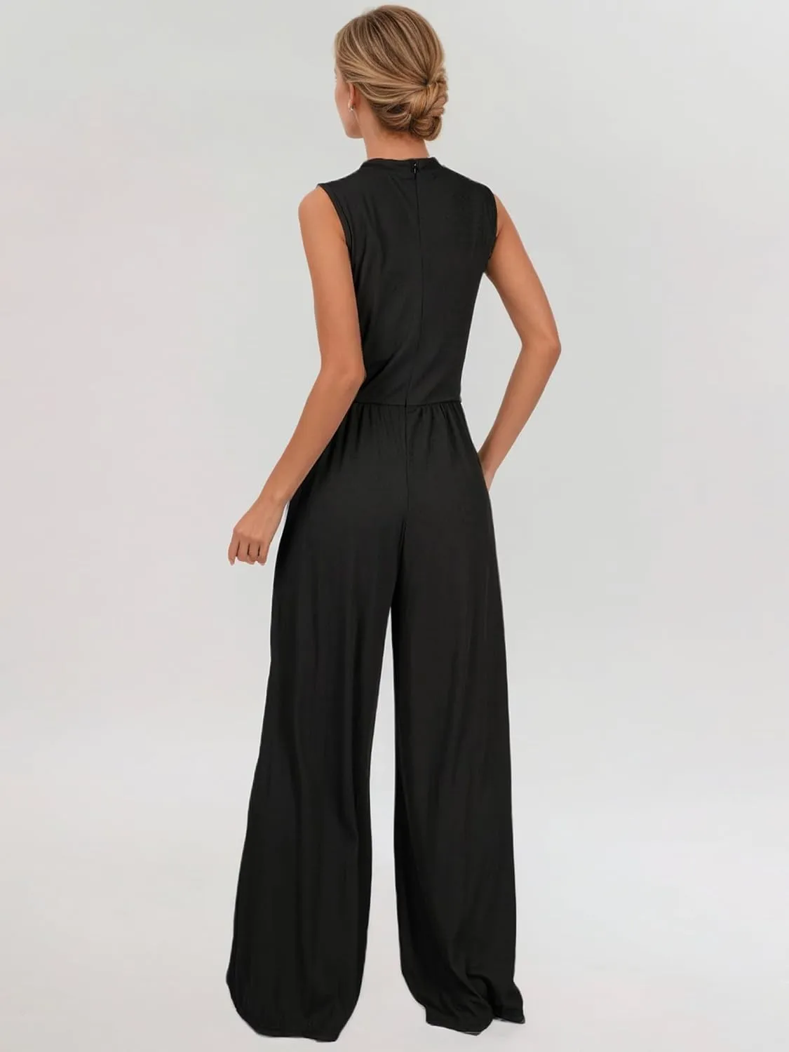 Jumpsuits for Women Dressy, One Piece Jumpsuits for Women with Mock Neck, Sleeveless Design, Wide Leg, and Convenient Pockets