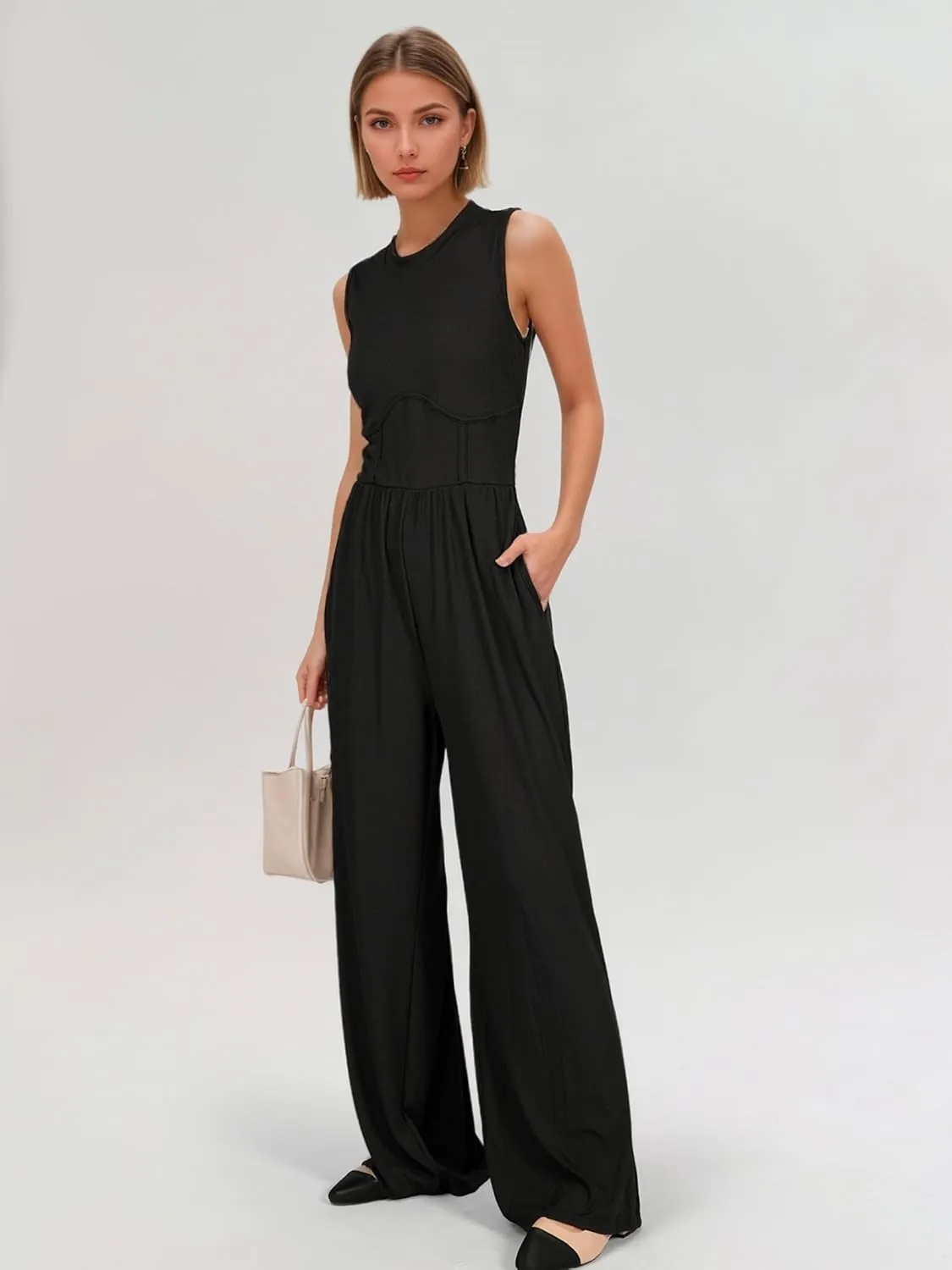 Jumpsuits for Women Dressy, One Piece Jumpsuits for Women with Mock Neck, Sleeveless Design, Wide Leg, and Convenient Pockets