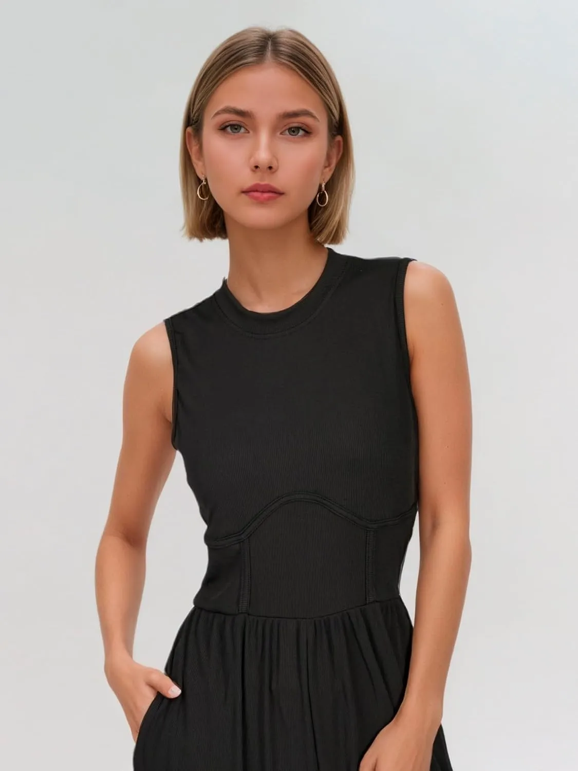 Jumpsuits for Women Dressy, One Piece Jumpsuits for Women with Mock Neck, Sleeveless Design, Wide Leg, and Convenient Pockets