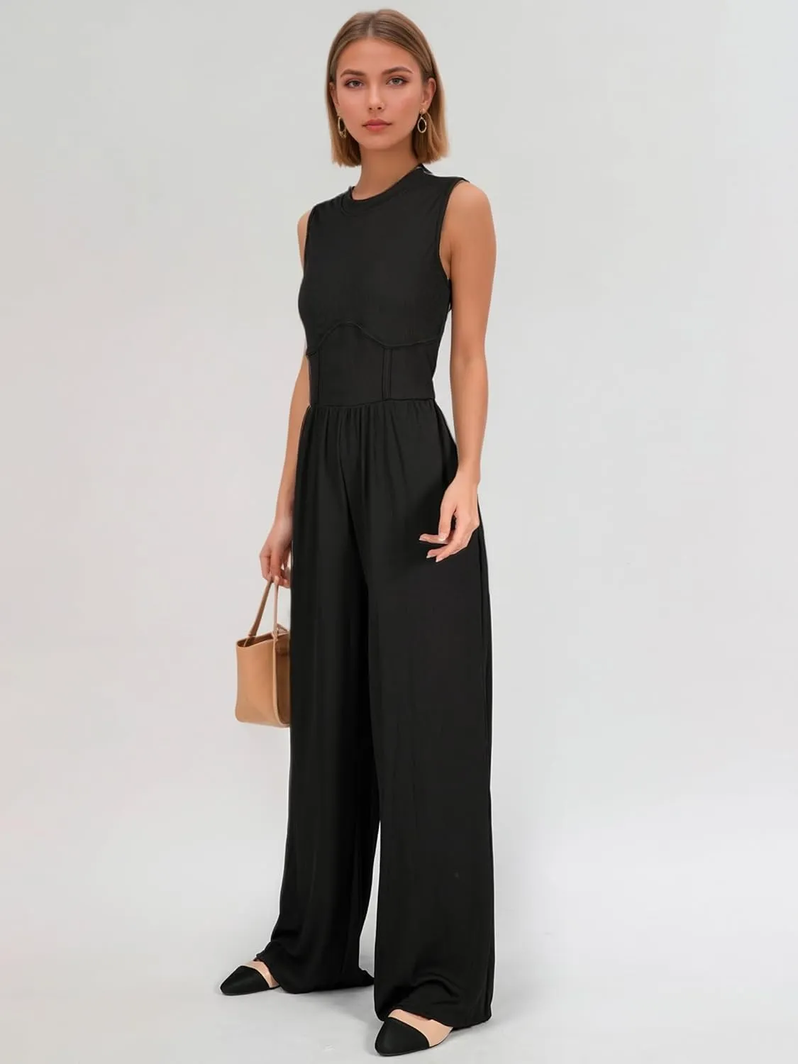 Jumpsuits for Women Dressy, One Piece Jumpsuits for Women with Mock Neck, Sleeveless Design, Wide Leg, and Convenient Pockets