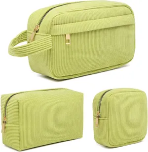KJMYYXGS 3 PCS Makeup Bag for Purse, Corduroy Cosmetic Bags for Women Small Zipper Pouch Cute Travel Toiletry Make Up Brush Storage Bag Organizer Essenitial for Women (Green)