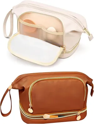 Large Makeup Bag, Double Layer Makeup Bag Organizer, Toiletry Bag For Women, Cosmetic Travel Bag, Leather Makeup Bag, Portable Toiletry Bag, Waterproof Roomy Bag For Women And Girls Beige Brown