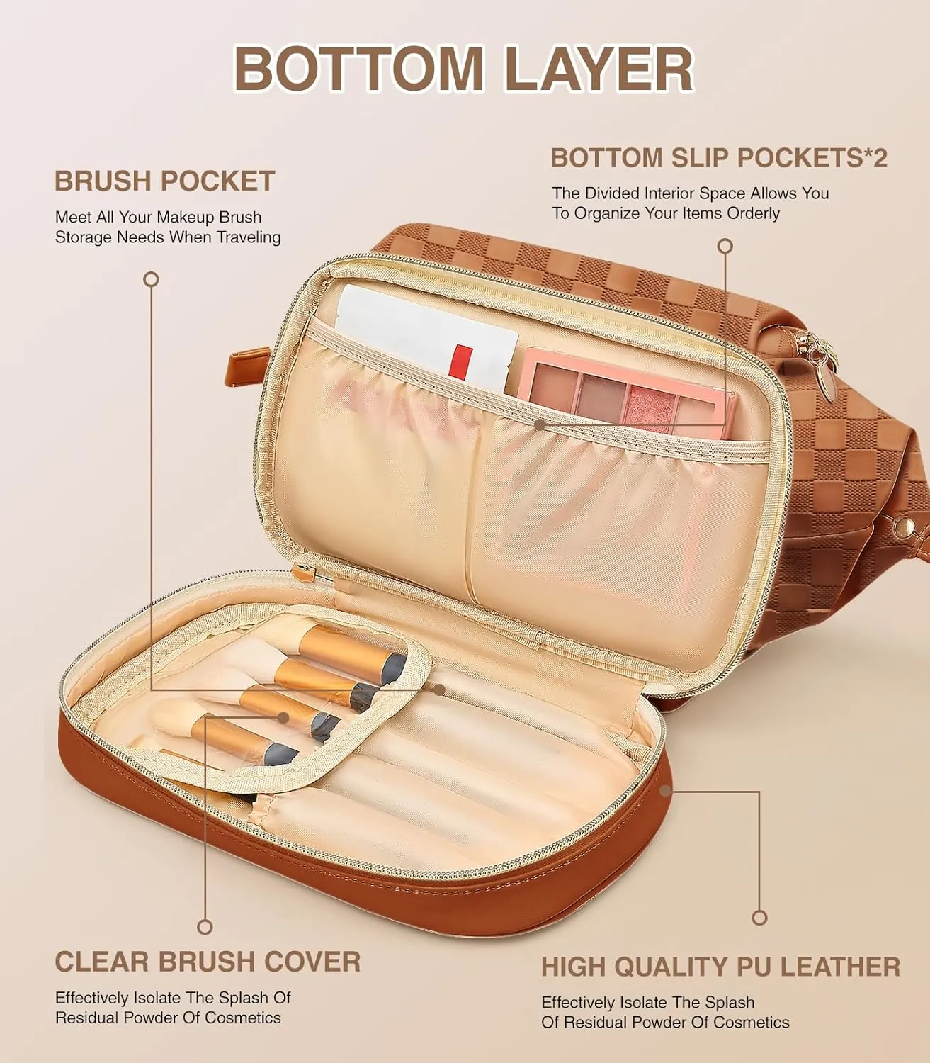 Large Makeup Bag, Double Layer Makeup Bag Organizer, Toiletry Bag For Women, Cosmetic Travel Bag, Leather Makeup Bag, Portable Toiletry Bag, Waterproof Roomy Bag For Women And Girls, Brown