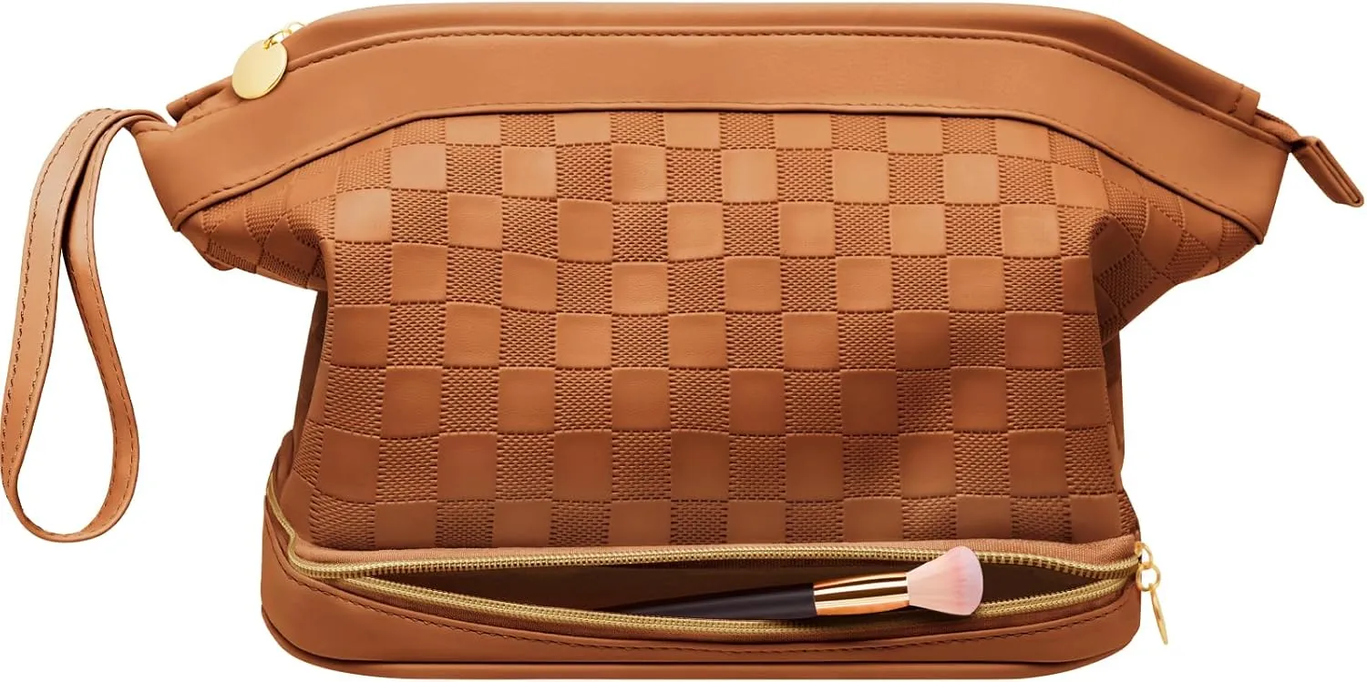 Large Makeup Bag, Double Layer Makeup Bag Organizer, Toiletry Bag For Women, Cosmetic Travel Bag, Leather Makeup Bag, Portable Toiletry Bag, Waterproof Roomy Bag For Women And Girls, Brown