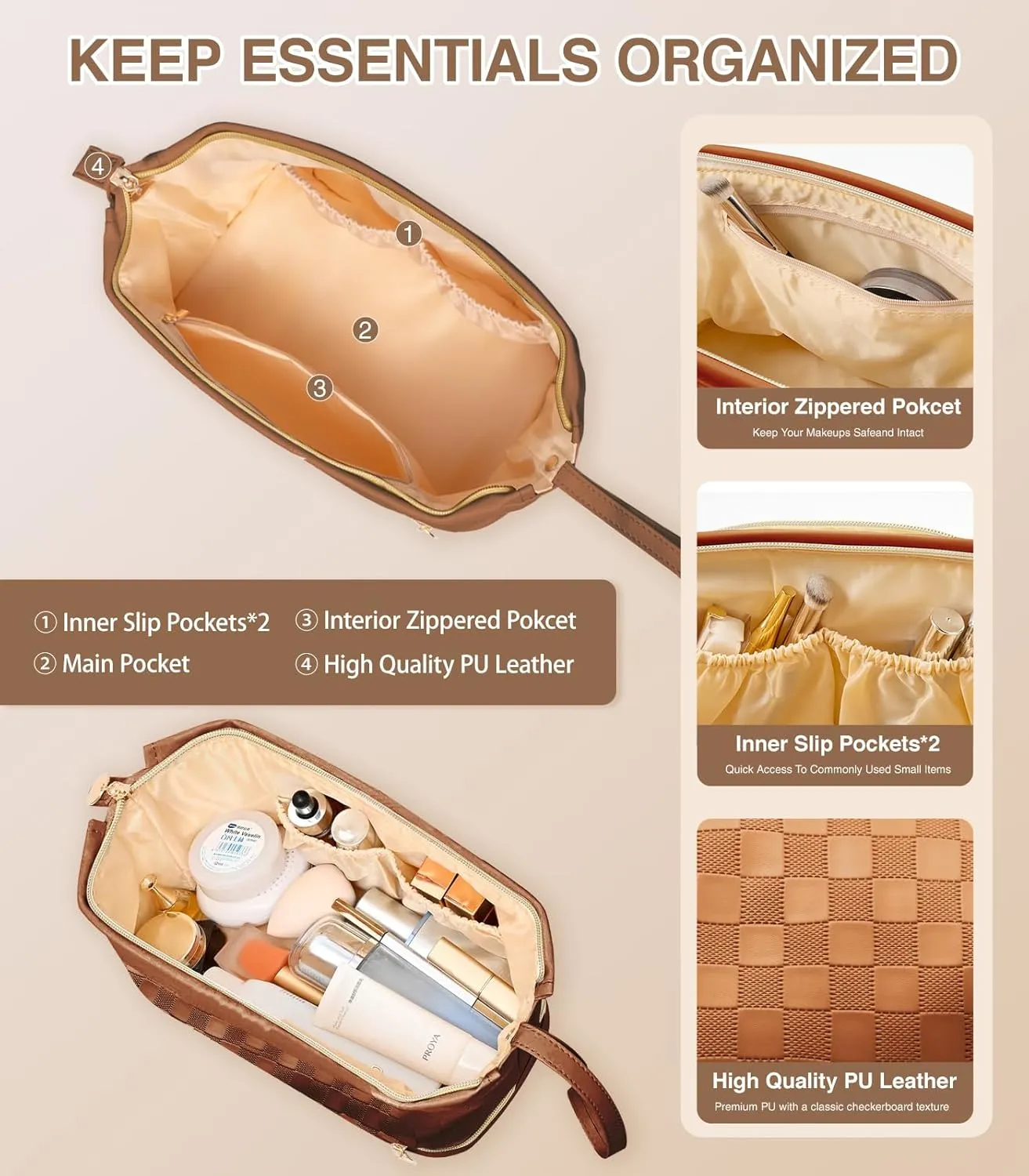 Large Makeup Bag, Double Layer Makeup Bag Organizer, Toiletry Bag For Women, Cosmetic Travel Bag, Leather Makeup Bag, Portable Toiletry Bag, Waterproof Roomy Bag For Women And Girls, Brown