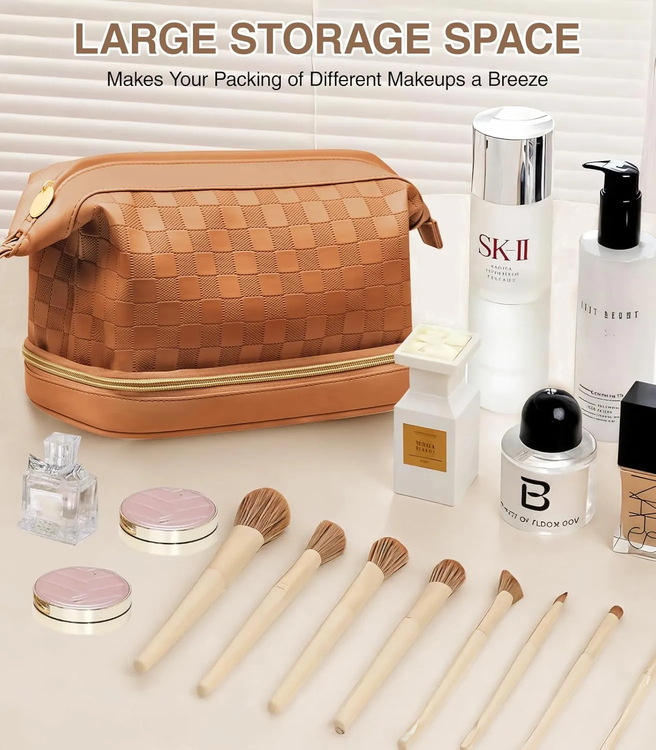 Large Makeup Bag, Double Layer Makeup Bag Organizer, Toiletry Bag For Women, Cosmetic Travel Bag, Leather Makeup Bag, Portable Toiletry Bag, Waterproof Roomy Bag For Women And Girls, Brown