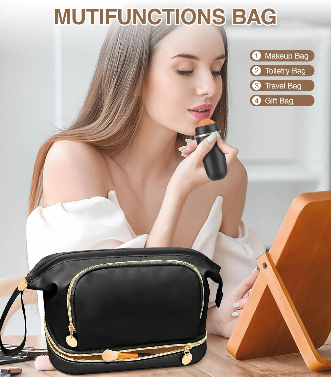 Large Makeup Bag, Double Layer Makeup Bag Organizer, Toiletry Bag For Women, Cosmetic Travel Bag, Leather Makeup Bag, Portable Toiletry Bag, Waterproof Roomy Bag For Women And Girls, Q-Black