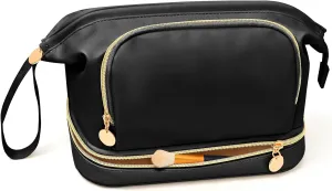 Large Makeup Bag, Double Layer Makeup Bag Organizer, Toiletry Bag For Women, Cosmetic Travel Bag, Leather Makeup Bag, Portable Toiletry Bag, Waterproof Roomy Bag For Women And Girls, Q-Black
